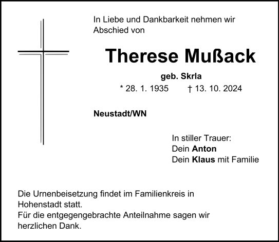 Traueranzeige Therese Mußack, Neustadt/WN